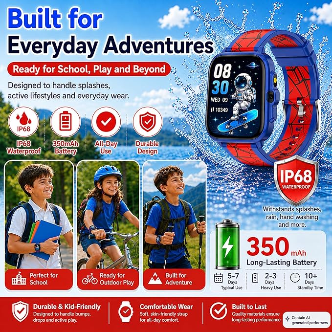 Smart Watch for Kids Boys Age 5-12, Ai Functions Games HD Touch Screen Watches with Video Camera Music Player Pedometer Heart Rate Sleep Tracker Christmas Birthday Gifts for Boys (Blue and Red, 1.85")