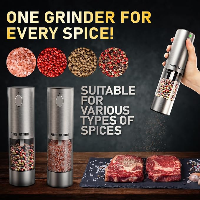 Pure Nature Electric Salt and Pepper Grinder Set with Rechargeable Base – Stainless Steel, Large Capacity, LED Light, 5 Adjustable Coarseness Levels, Refillable, Type-C Fast Charging