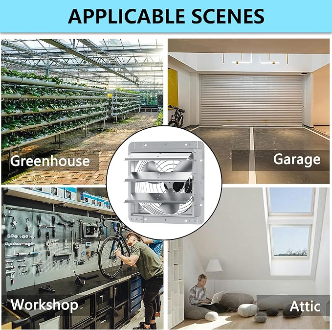 14 Inch Shutter Exhaust Fan, Aluminum Wall Mounted Exhaust Fan, 1558 CFM High Speed Automatic Shutter Attic Fan, Vent Fan For Greenhouse,Shed,Shop,Garage