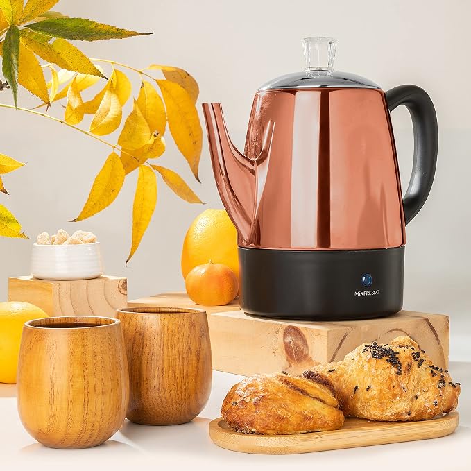 Mixpresso 4 Cup Percolator Coffee Pot Electric, Copper Stainless Steel Coffee Percolator Electric With Keep Warm Function, Classic Perculator Pot With Removable Basket for Home or Office