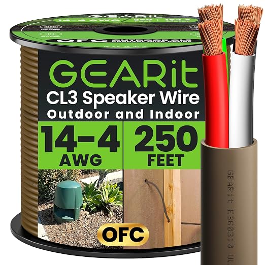 GEARit 14 Gauge Speaker Wire Cable,UL CL3 Rated 14 Gauge Wire 250ft,Copper Wire with Polarity Mark,Audio Cable for in-Wall,Home,Car,Outdoor,Garden,Commercial Audio Systems,OFC(Brown,4-Conductors)
