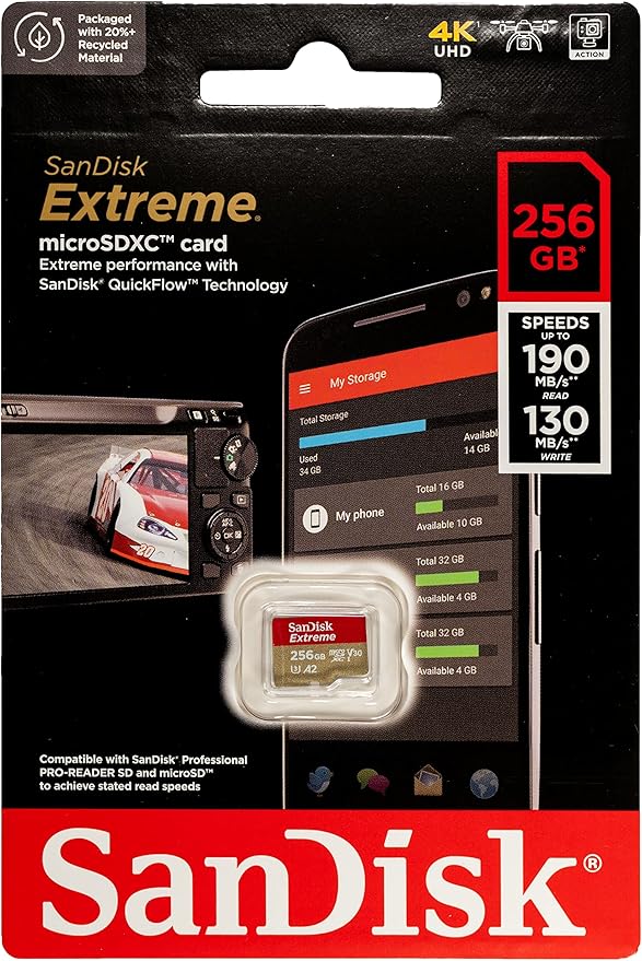 SanDisk 256GB Extreme MicroSDXC UHS-I Memory Card for DJI Drones Works with Avata and Goggles 2 (SDSQXAV-256G-GN6MN) Class 10 Bundle with 1 Everything But Stromboli Micro SD Card Reader