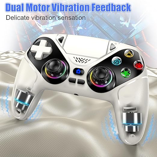 Dinosoo RGB Wireless Controller for PS5/PC/Mobile – Bluetooth Gamepad with Turbo, Macro, Dual Vibration, 6-Axis Gyro, 3.5mm Audio Jack, Built-in Speaker & 1000mAh Battery-White