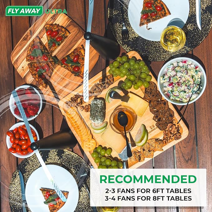 Fly Away - 3 Pack Outdoor Fly Repellent Fan, Outside or Inside Table use, Restaurant, Barbeque, Events, Deter Flies, Wasps, Bees, Other Moscas and Bugs Away, Battery Operated, Tabletop, Hanging Hook.