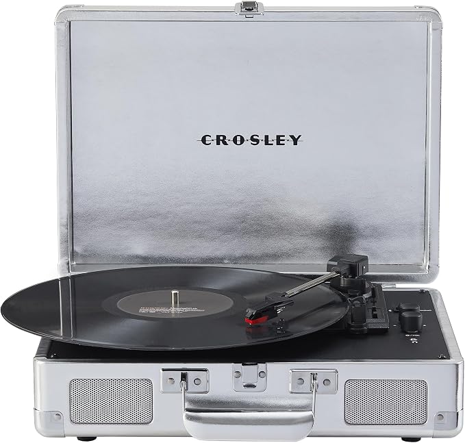 Crosley CR8005F-SI Cruiser Plus Vintage 3-Speed Bluetooth in/Out Suitcase Vinyl Record Player Turntable with Built-in Speakers, Silver