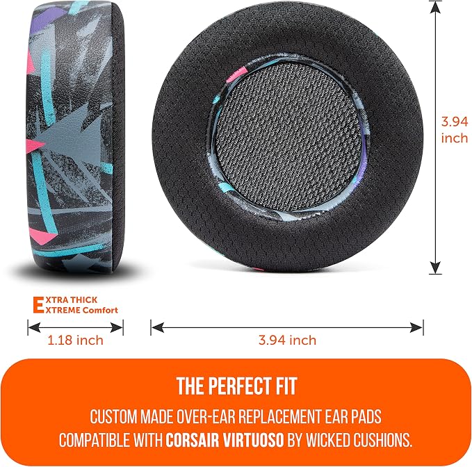WC Freeze Virtuoso - Hybrid Fabric Cooling Gel Replacement Earpads for Corsair Virtuoso Gaming Headset, Made by Wicked Cushions, Improved Durability, Thickness and Sound Isolation |90's Black