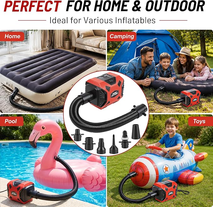 600W Electric Air Pump for Inflatables, High Power Air Mattress Pump with 6 Nozzles, Quick Inflate & Deflate Air Pump for Pool Floats, Vacuum Storage Bags, Swim Rings, Inflatable Toys