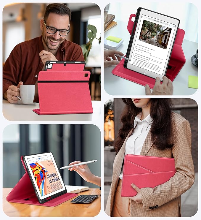 DTTO for iPad 6th / 5th Generation 9.7 Inch (2018/2017), iPad Air 2 / Air 1 Case, 360 Degree Rotating Premium Leather Folio Stand Cover with Pencil Holder, Watermelon Red