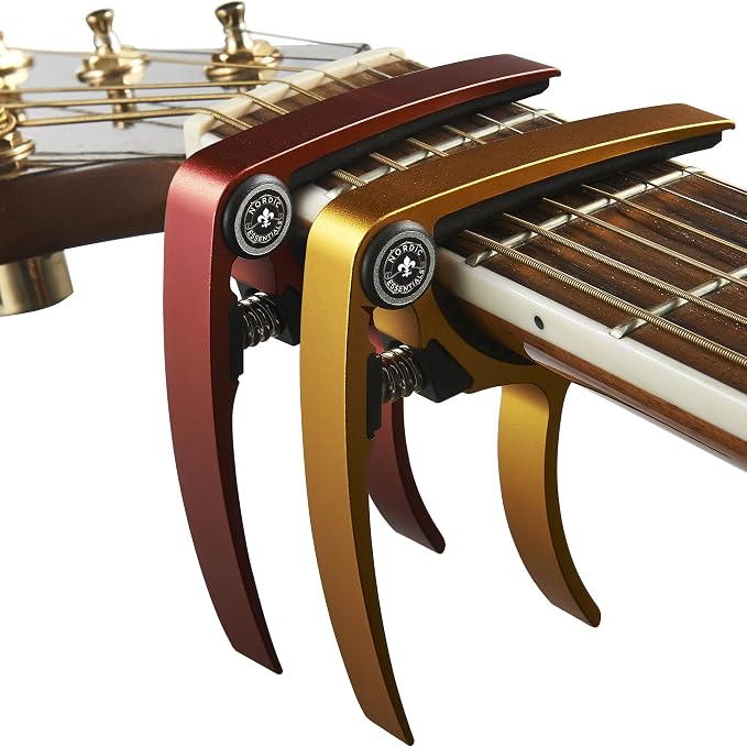 Guitar Capo (2 Pack) for Acoustic Guitars, Ukulele, Banjo, Mandolin, Bass - Made of Ultra Lightweight Aluminum Metal (1.2 oz!) for 6 & 12 String Instruments - Nordic Essentials (Red + Gold)