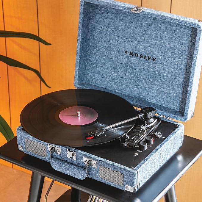 Crosley CR8005F-WD Cruiser Plus Vintage 3-Speed Bluetooth in/Out Suitcase Vinyl Record Player Turntable with Built-in Speakers, Washed Denim