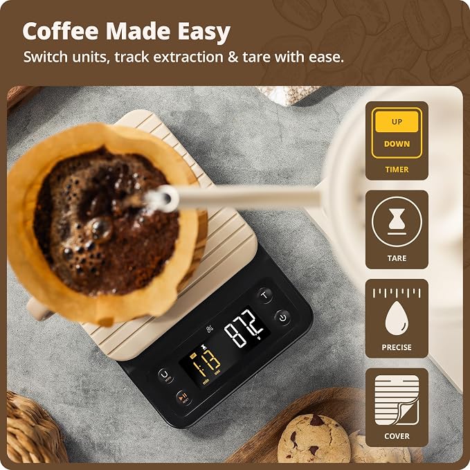Greater Goods Coffee Scale with Timer, 0.1g Precision Digital Espresso & Pour Over Scale for Chemex, V60, Drip & Matcha Weighing, Waterproof Silicone Cover, 6.6lb Barista Brew Capacity (Birch White)