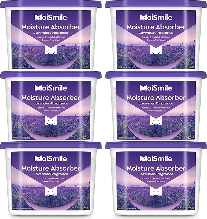 Lavender Moisture Absorbers, Fast Acting Humidity Absorber & Odor Eliminator, 10.5 oz High Capacity Dehumidifier for Closet, Bathroom, Basement, Car & RV, 6 Pack