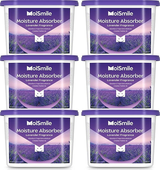Lavender Moisture Absorbers, Fast Acting Humidity Absorber & Odor Eliminator, 10.5 oz High Capacity Dehumidifier for Closet, Bathroom, Basement, Car & RV, 6 Pack