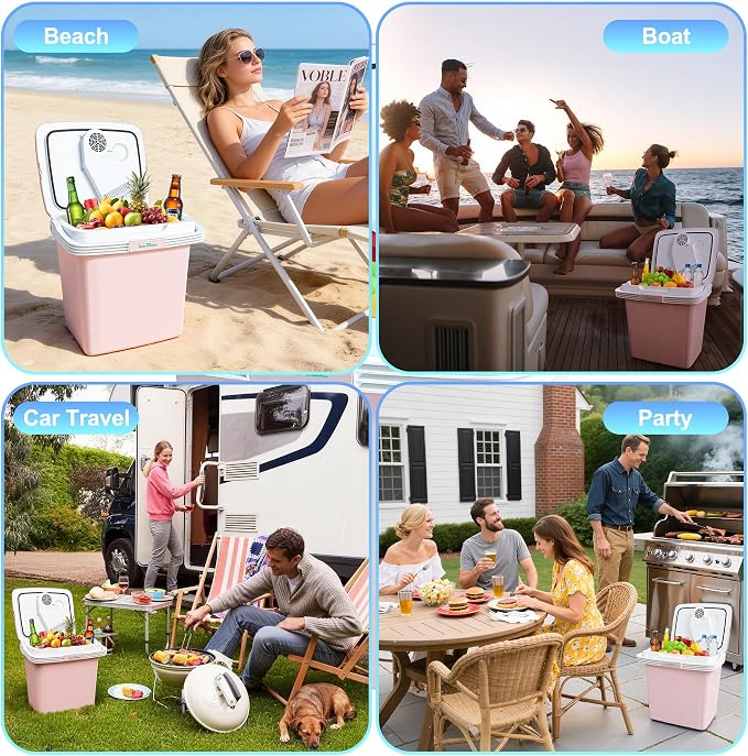 Iceblue Electric Cooler, 26 Liters/28 Cans Mini Fridge with Automatic Locking Handle, 120V AC Home Power Cord & 12V Car Adapter Car Refrigerator, Car Fridge for Home, Car, Gift - Pink