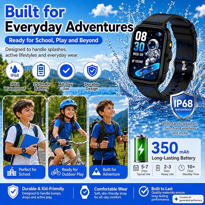 Smart Watch for Kids Boys Age 5-12, Ai Functions Games HD Touch Screen Watches with Video Camera Music Player Pedometer Heart Rate Sleep Tracker Christmas Birthday Gifts for Boys (Black, 1.85")