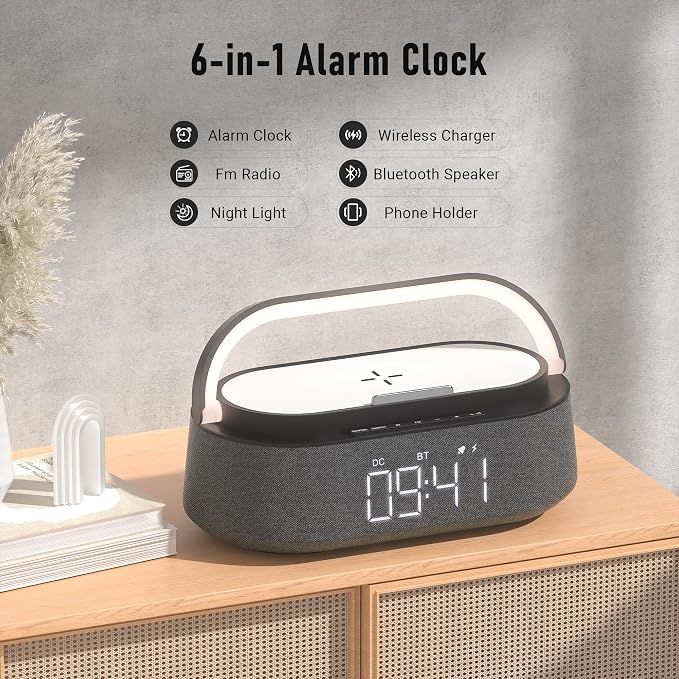 FREEFISH Bluetooth Speaker with Wireless Charger, FM Radio, Adjustable LED Night Light, Dual Wireless Speakers, Suitable for Decoration, Bedroom, Home, Office, Gift, Black