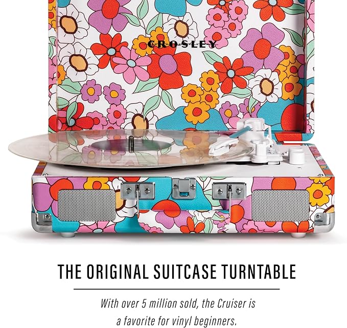 Crosley CR8005F-GF Cruiser Plus Vintage 3-Speed Bluetooth in/Out Suitcase Vinyl Record Player Turntable with Built-in Speakers, Groovy Floral