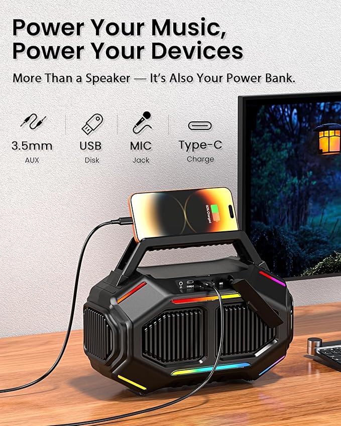 ShellHome Bluetooth Outdoor Speakers, 80W(Peak) Loud Wireless Speaker, 30H Playtime, RGB Lights, BassUp 2.0, IPX6 Waterproof, TWS, Bluetooth 6.0, Portable Boombox for Party, Pool, Beach (Teal)