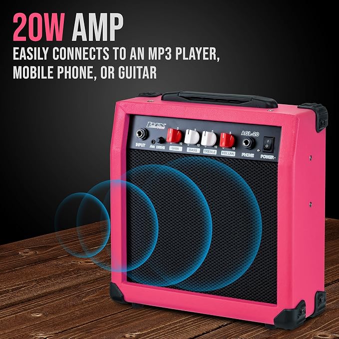 LyxPro Electric Guitar Amp 20 Watt Amplifier Built in Speaker Headphone Jack and Aux Input Includes Gain Bass Treble Volume and Grind - Pink