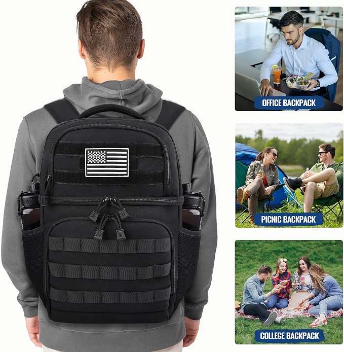 MOZETO Lunch Backpack for Men, Tactical Inspired Double Deck Cooler Backpack Insulated Leakproof RFID Lunchbox for Work (Black)
