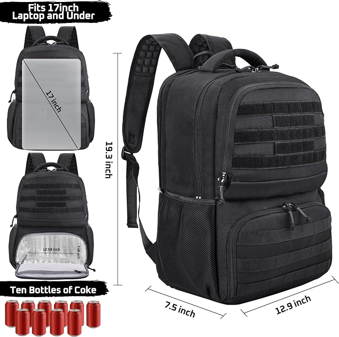 MOZETO Laptop Lunch Backpack for Men, Tactical Inspired Utility Anti-Theft Work Bag with Cooler Compartment Lunchbox (Black, 17 Inch)