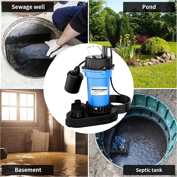 FOTING 3/4HP Submersible Sump Pump,4500 GPH Cast Iron Sewage/Effluent Pump,Automatic Tethered Float Switch,Septic Pump for Basement,Septic Tank,Basin,Sewage Well,1-1/2" NPT Discharge, Blue