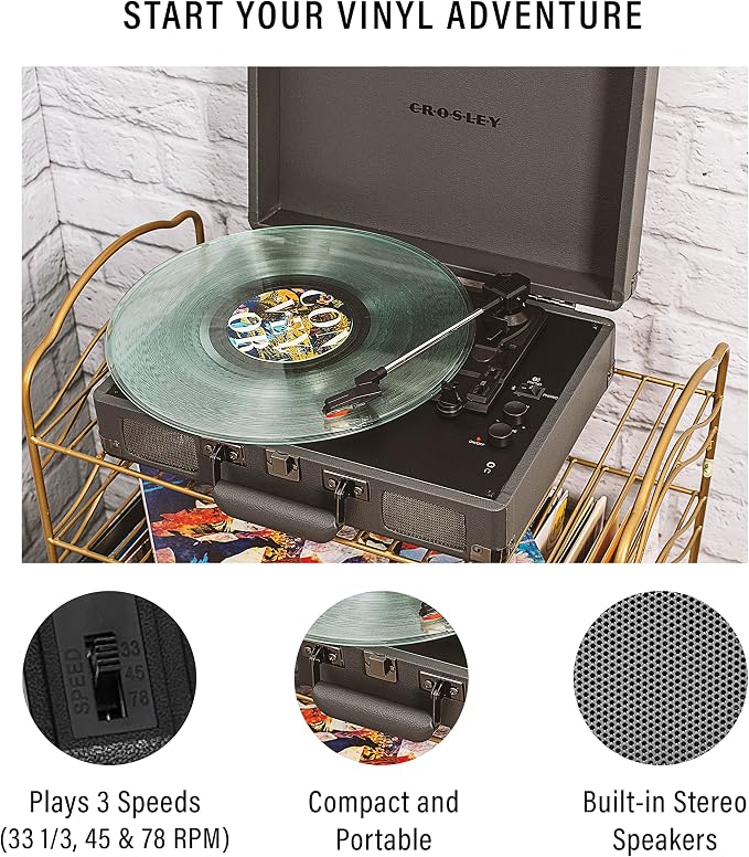 Crosley CR8005F-SG Cruiser Plus Vintage 3-Speed Bluetooth in/Out Suitcase Vinyl Record Player Turntable, Slate