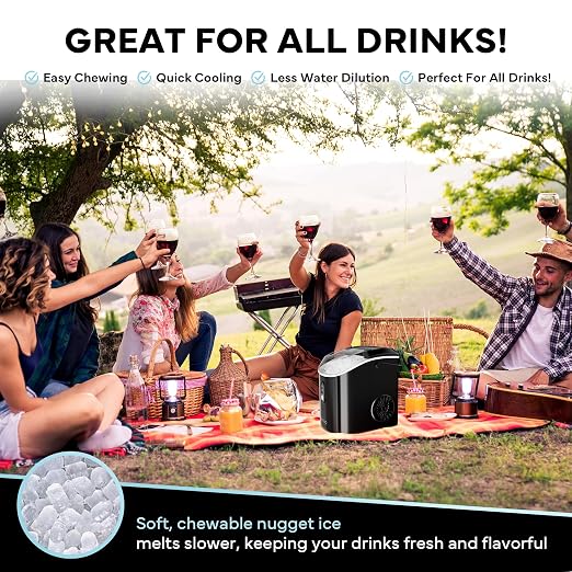 Nugget Ice Maker Countertop Sonic Ice Machine - 34 lbs/24H Pebble Ice Maker in 6-7 Min with Plastic Cup with Straw & Scoop - Countertop Ice Maker Nugget Ice for Home, Office, Bar, Party, Camping
