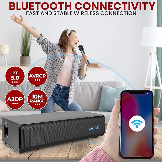 Pyle Wireless Soundbar with Mic and Remote Control, 10 inches 20W 2 Wireless Microphones, 5.0, A2DP, AVRCP Bluetooth Karaoke Sound System, USB, AUX-in, AUX Out,Black