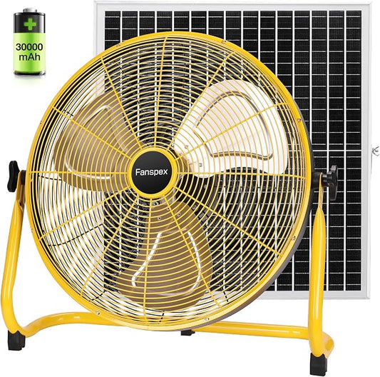 Fanspex 20" Solar Rechargeable Floor Fan for Outdoor, 30000 mAh Battery Operated Fan with 35W Solar Panel Powered for Patio Gazebo Camping, 360° Tilt (21.2 ft/s Airflow)