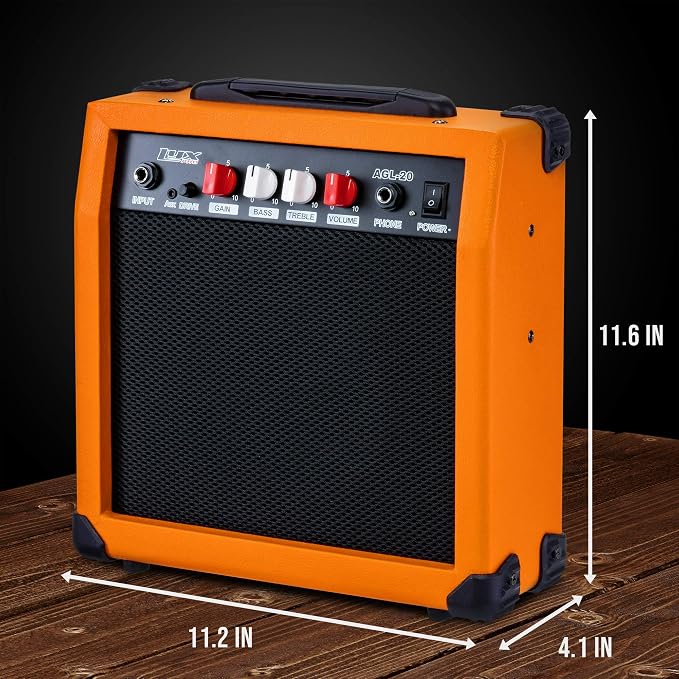 LyxPro Electric Guitar Amp 20 Watt Amplifier Built in Speaker Headphone Jack and Aux Input Includes Gain Bass Treble Volume and Grind - Sunburst