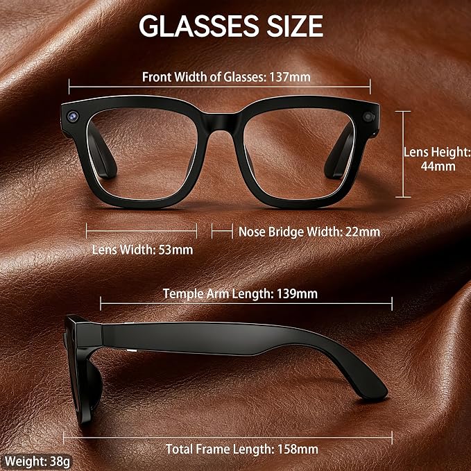 AI Smart Glasses with Camera, 8MP HD Camera Glasses for Men,Women, AI Recording Glasses with Voice Assistant,Open-Ear Audio,Real-Time Translation,Video Recording Sunglasses for Life & Work (Black)