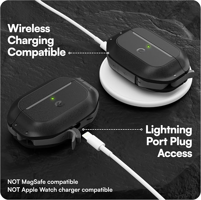 Keybudz for AirPods Pro 2 Case with Lock - Fully Waterproof AirPods Pro 2nd Generation Case Cover - Keychain, Rugged Tough Protection, Hard Shell and Carabiner for USB-C/Lightning (Carbon Black)