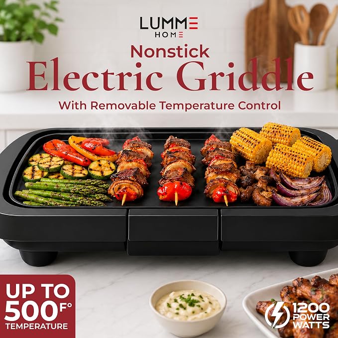 Lumme Electric Griddle with Removable Temperature Control, Immersible Flat Top Grill, Burger, Eggs, Pancake Griddle, Nonstick Easy Clean Cooking Surface, Slide Out Drip Tray, 10 x 16 Inch