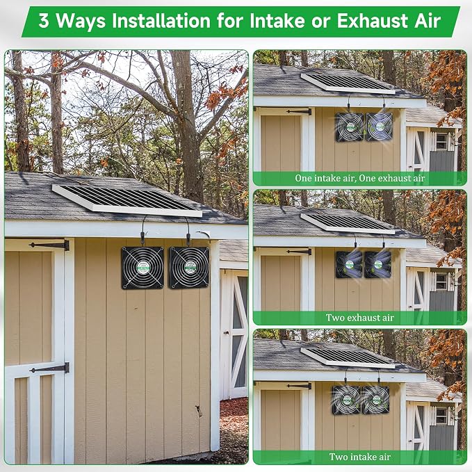 blessny 5.5" Solar 2 Fan Kit for Intake or Exhaust air, Weatherproofed Solar Powered Fans for Outside Chicken Coops, Greenhouses, Shed, Pet House Air Ventilation