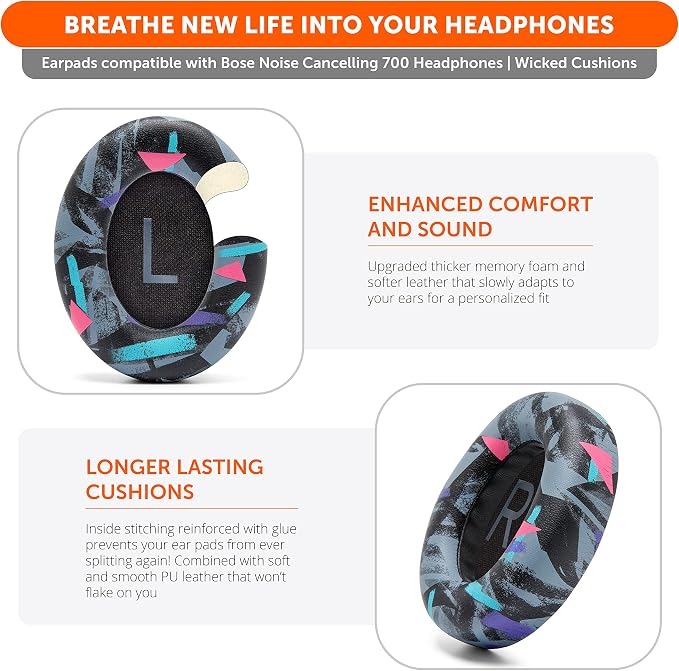 WC Wicked Cushions Upgraded Replacement Ear Pads for Bose 700 Noise Cancelling Headphones (NC700) - Softer PU Leather, Luxurious Memory Foam, Added Thickness, Extra Durable Ear Cushions | 90's Black