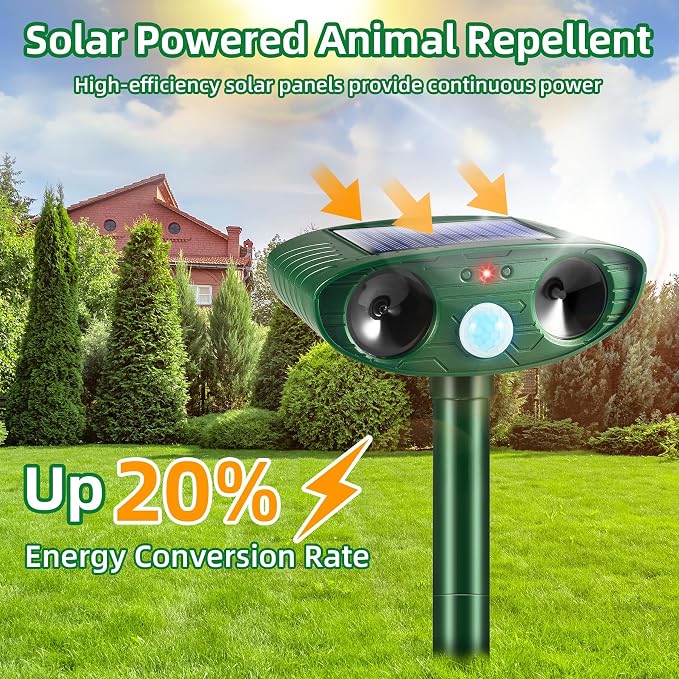 4Pack Solar Ultrasonic Animal Repellent Outdoor Deer Repellent Devices Motion Detection for Squirrel Raccoon Rabbit Dog Cat Deterrent Keep Rodent Chipmunk Away from Yard Lawn