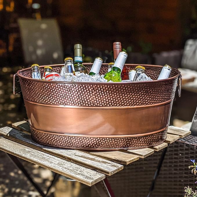 BREKX Aspen Galvanized Tub, Copper Finish Metal Ice and Drink Cooler for Parties, Sealed Leak Resistant Party Cooler, Easy to Clean, Handcrafted, Large Oval 25-Quart (6 Gallon), 30 Bottle Bucket
