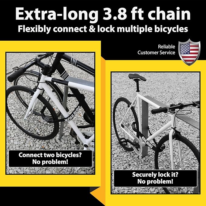 KOHLBURG Extra Long Bicycle Combination Lock - 3.8 ft Chain & 0.24” Strong Number Combination Bike Lock - Secure Chain Lock Almost 4 ft - Security 5-Digit Bike Lock Combo for Bicycle & e-Bike