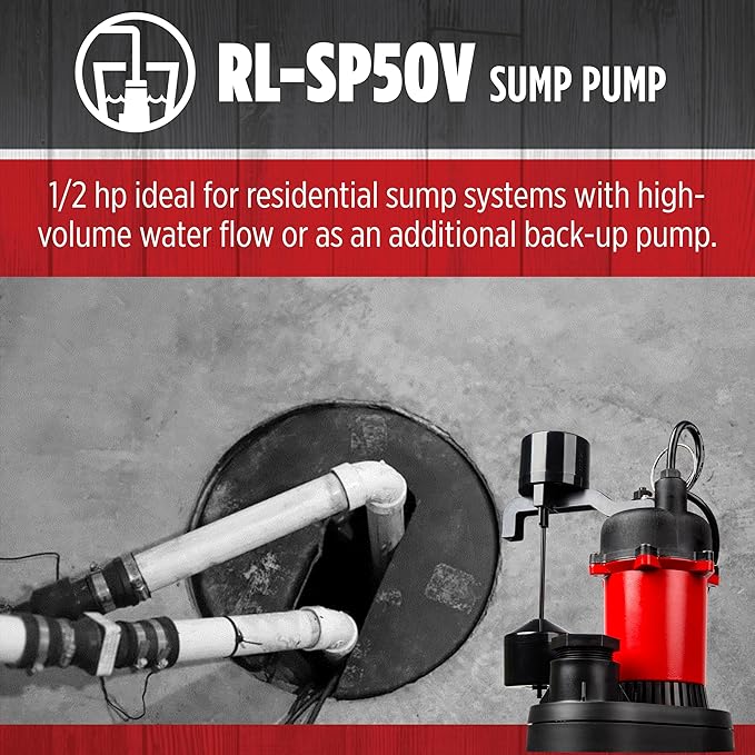 Red Lion RL-SP50V 115-Volt, 1/2 HP, 3523 GPH Aluminum and Thermoplastic Sump Pump with Vertical Switch and 8-Ft. Cord, Red, 14942743