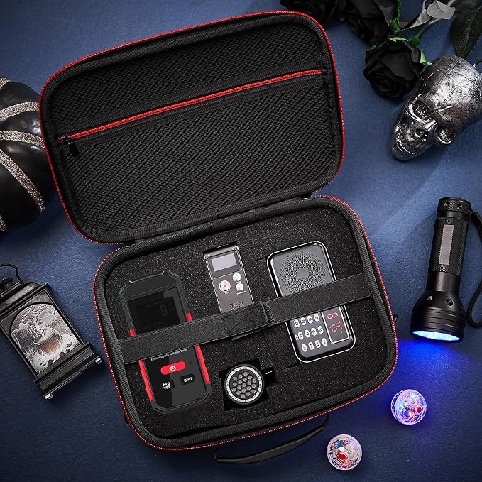 Dunzy 8 Pcs Ghost Hunting Equipment Kit, Include 1 Emf Meter 1 EVP Voice Recorders 1 Spirit Ghost Hunting Research Case 1 Flashlight 1 Speaker 2 Motion Light up Cat Balls 1 Radio(Emf Meter 4, Radio 1)