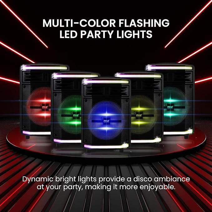Pyle Portable Bluetooth Speakers with 10 Inch Subwoofer, Wireless Speaker with FM Radio, Karaoke System & Rechargeable Battery, Flashing Party Lights, MP3/USB/Micro SD Readers for Indoor Outdoor Use