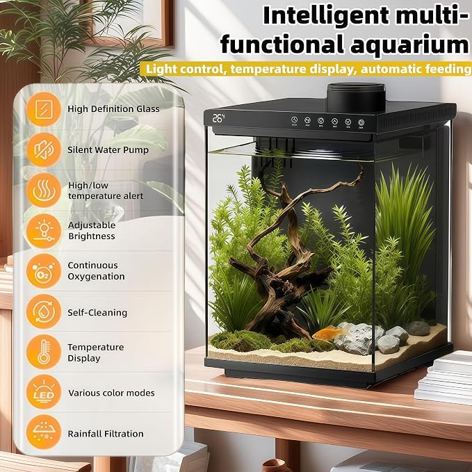 Fish Tank 4-Gallon Aquarium Set, Equipped with an Automatic Feeder, 8 Color Lighting Modes, an Automatic Three-in-one Silent Oxygen Pump, and a Temperature Display.