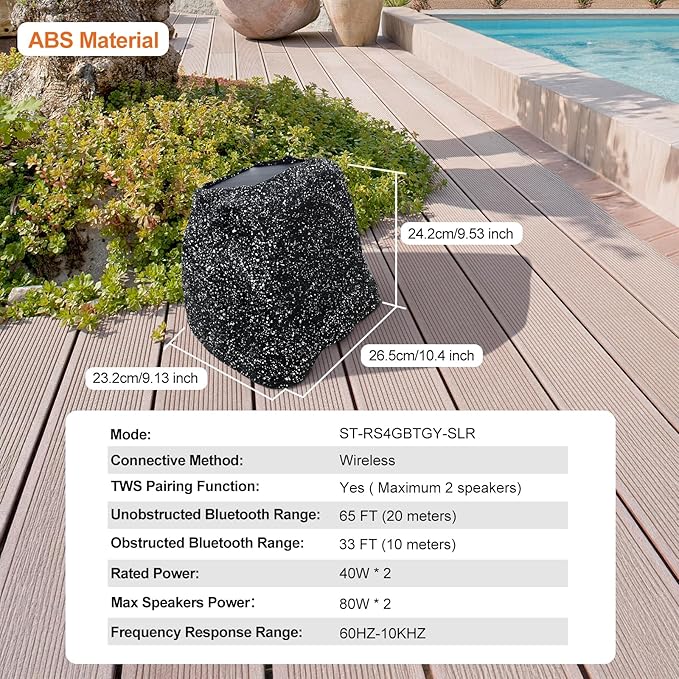 STUDIOFINIX 4" Rock Speakers Outdoor Waterproof - 5.3 Bluetooth Wireless Speaker Solar Powered Max Peak 160W for Garden,Patio,Deck,Pool,Backyard (Gray 1 Pair)