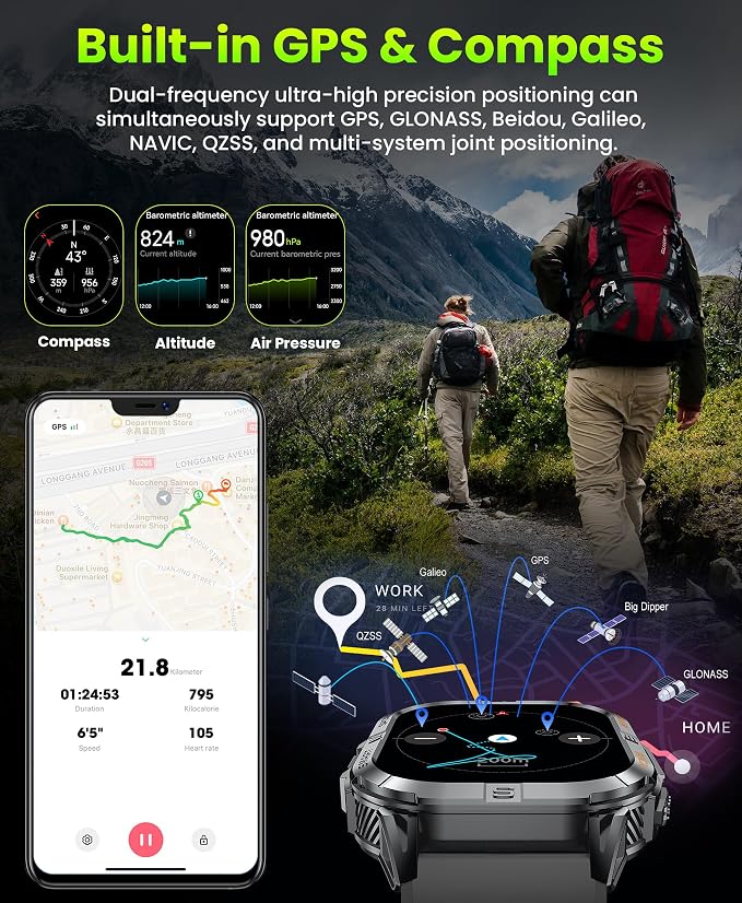 Military Smart Watch for Men Built-in GPS with LED Flashlight Compass, 2.13" AMOLED Tactical Smart Watches with Answer/Make Calls, 3ATM Waterproof Fitness Tracker for iPhone Android (Black)