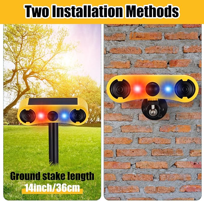 Qualirey 8 Pack Solar Outdoor Motion Sensor Alarm with Stake Animal Deterrent 2 x 129dB Loud Noisemaker 13 Sound Detector Strobe Light, 4 Mode Dog Barking Alarm Sensor on Ground or Fence