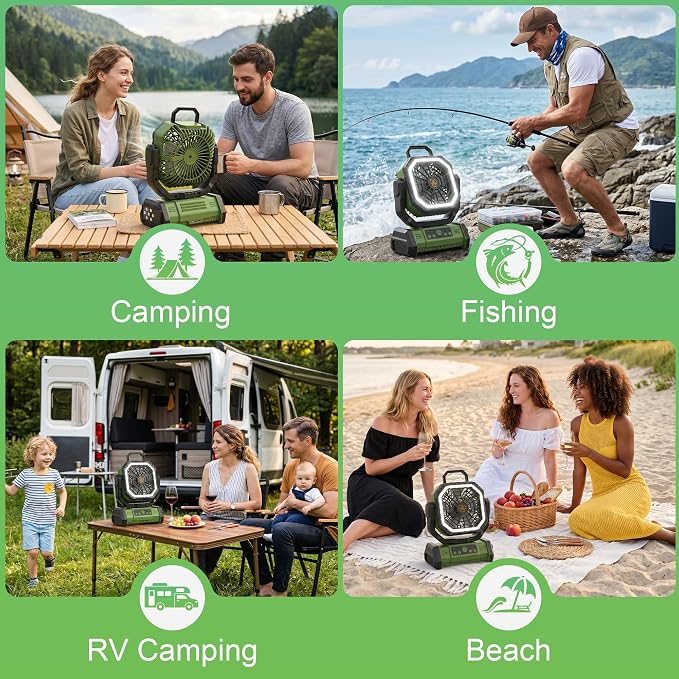 Portable Rechargeable Fan 20000mAh, Battery Powered Camping Fan with LED Light& Remote,Cordless,4 Speeds Wind,Timer for Tent,Travel,Rv Camping Essentials (Green)