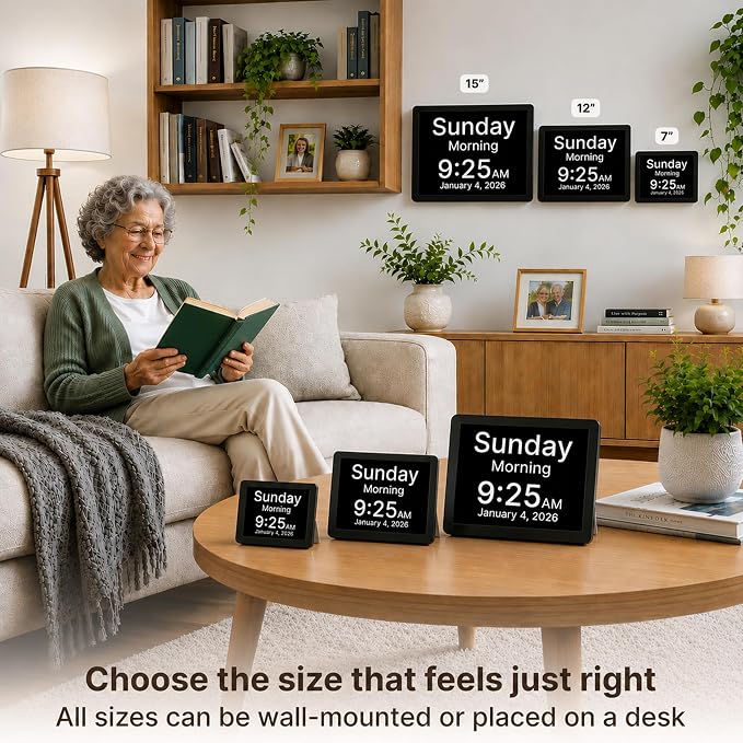 Robin Clock 2026 with Day and Date for Elderly, Clocks for Seniors, Dementia Clock, Digital Calendar Elderly, Bedside Clocks Seniors, Alzheimers Products, Dementia Clocks Large, Black