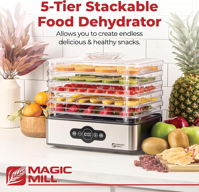 Magic Mill Food Dehydrator Machine | 5 Stackable Stainless Steel Trays, 48H Digital Adjustable Timer & Temperature Control Upto 167° Electric Dryer & Preserver for Jerky, Fruit, Dog Treats & Much More