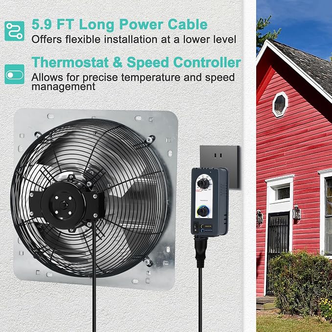 12 Inch Shutter Exhaust Fan with Thermostat and Speed Controller, Wall Mounted Vent Fan for Attic, Greenhouse, Shed, Garage, Chicken Coop, Shop Ventilation, 960 CFM, 1400 SQF Coverage Area